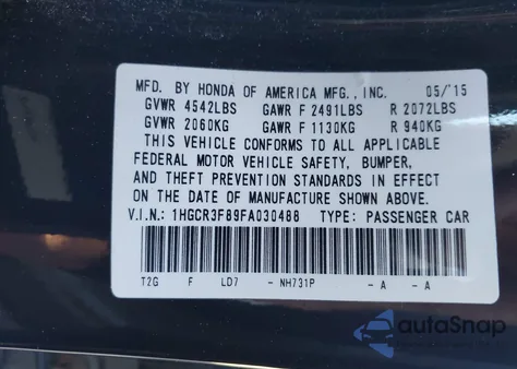 2015 Honda Accord Ex-L V-6 from USA, damaged, VIN 1HGCR3F89FA030488